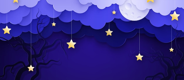 Ilustração desenho animado infantil de fundo com nuvens e estrelas em cordas