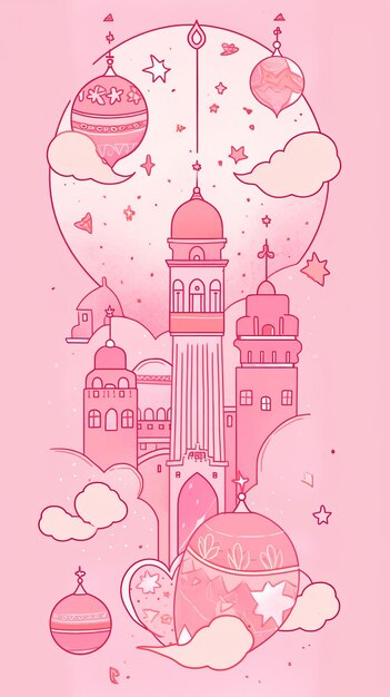 ilustração desenho animado Ramadan Doodle em rosa