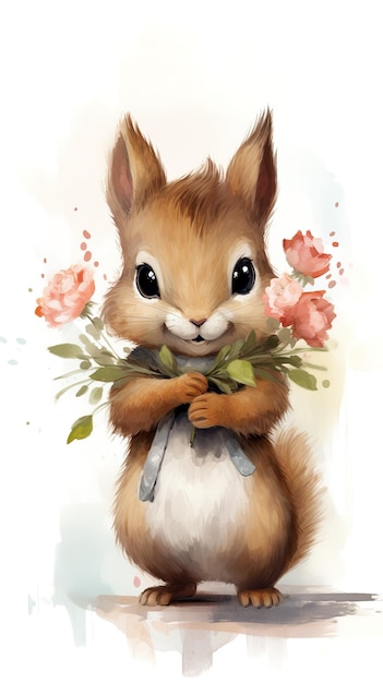ilustração desenho em aquarela de um esquilo bebê muito fofo com flores nas patas no gramado