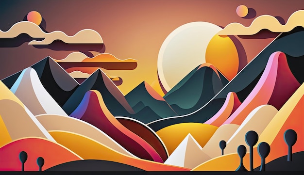 ilustração design montanhas rolantes linhas suaves sol nascente fundo simples
