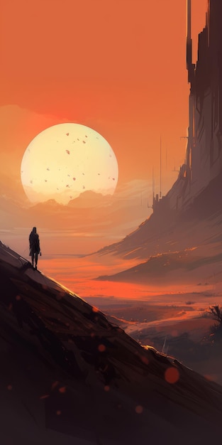 Ilustração detalhada da duna pós-apocalíptica com pôr do sol vermelho