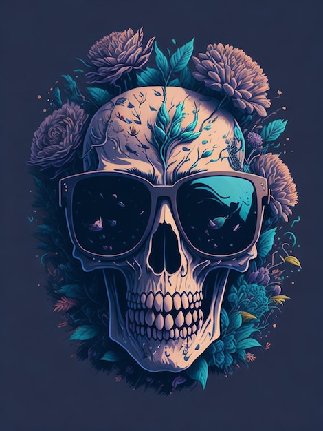 Ilustração detalhada de Dead Skull usando óculos escuros da moda tshirt design flor respingo tshir