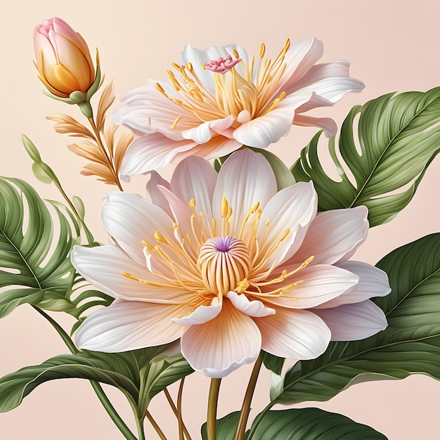 Ilustração detalhada de estilo botânico clássico Flores folhas plantas cores suaves frescura