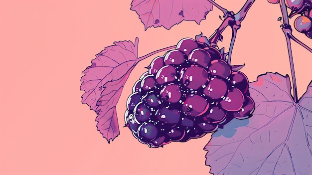 Foto ilustração detalhada de um feixe de uvas pretas maduras com folhas verdes em um fundo bege