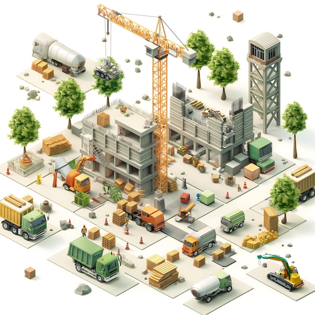 Ilustração detalhada de um movimentado canteiro de obras e desenvolvimento urbano