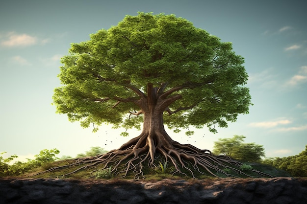 Ilustração detalhada de uma árvore com raízes profundas