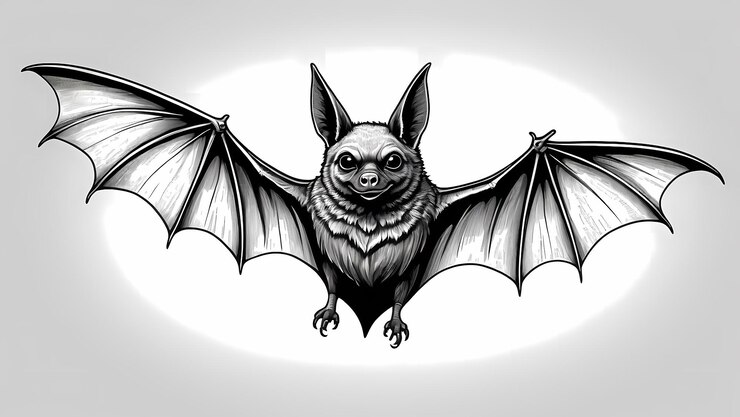 Foto ilustração detalhada em preto e branco de um morcego com asas estendidas