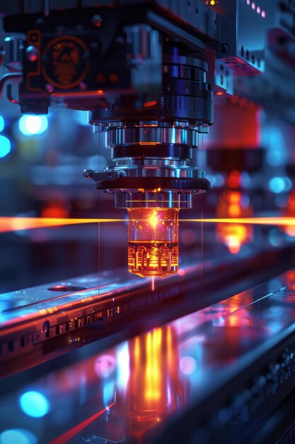 Foto ilustração diagramática de uma lente sendo usada em uma configuração de laser focando feixes de luz em um ponto para cortar materiais