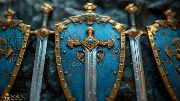 Ilustração digital 3D de espadas rúnicas com escudos azuis