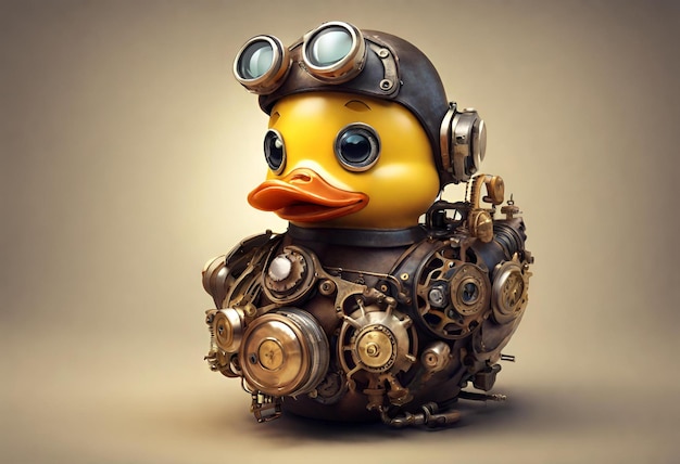 Foto ilustração digital 3d de pato de borracha em um equipamento de proteção steam punk