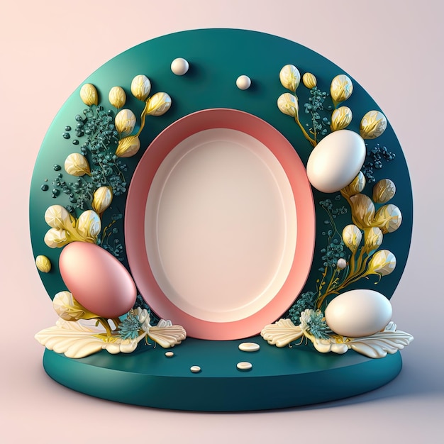 Ilustração digital 3D de um pódio com decoração de ovos, flores e folhas