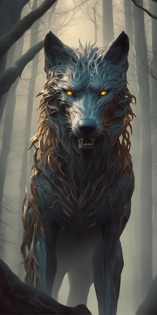 Ilustração digital agressiva Lobo Árvores etéreas Multilayered Atmosfera misteriosa Transcende