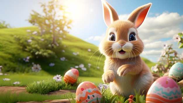 Ilustração digital brilhante e alegre de um coelho bonito e ovos de Páscoa Eles são frequentemente usados
