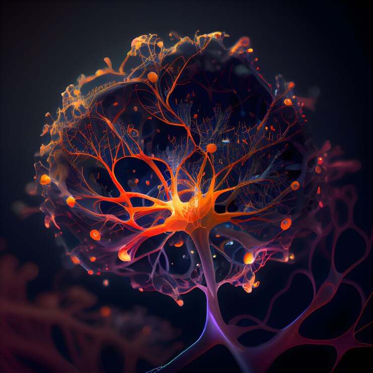 Foto ilustração digital da célula do neurônio na renderização 3d de fundo colorido