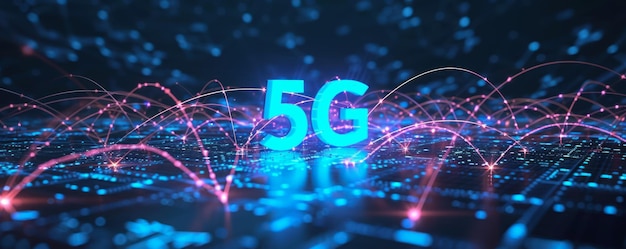 Ilustração digital da conectividade 5G com linhas de néon brilhantes e nós de rede no escuro