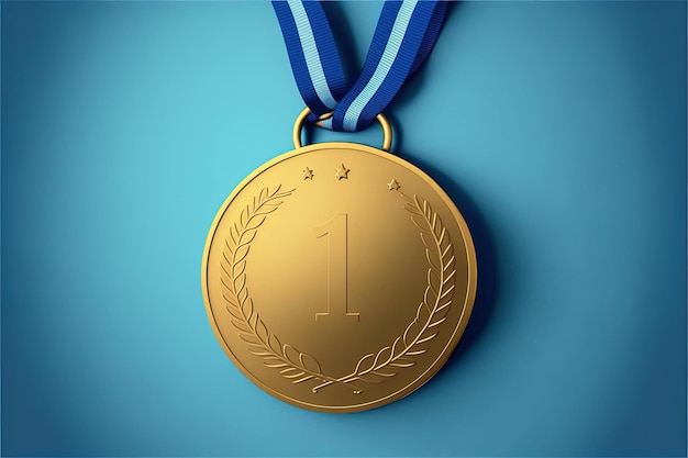 Ilustração digital da medalha de ouro com o número 1, fundo azul. IA generativa