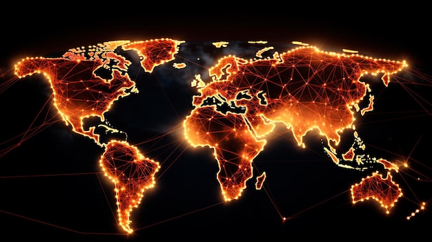 Ilustração digital da Rede da Cadeia de Suprimentos de um mapa-múndi com rotas de transporte interconectadas para logística internacional Generative AI