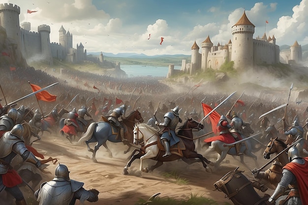 Ilustração digital de batalha medieval de fantasia