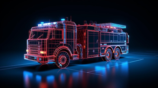 Ilustração digital de caminhão de bombeiros em renderização 3D de luz neon