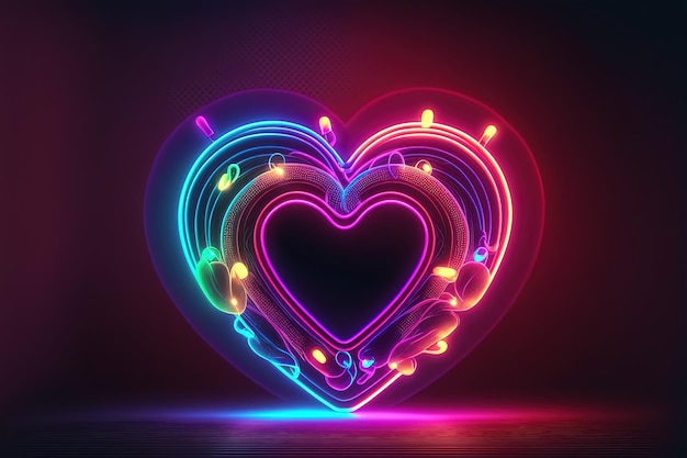 Ilustração digital de fundo com coração realista de luzes neon. IA generativa