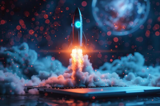 Foto ilustração digital de fundo de foguete e laptop com luz de néon azul ai geradora