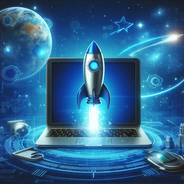 Foto ilustração digital de fundo de foguete e laptop com luz de néon azul