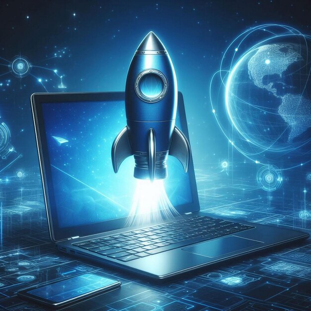 Foto ilustração digital de fundo de foguete e laptop com luz de néon azul