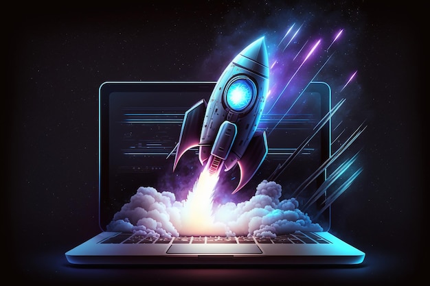 Ilustração digital de fundo de foguete e laptop com luz neon azul