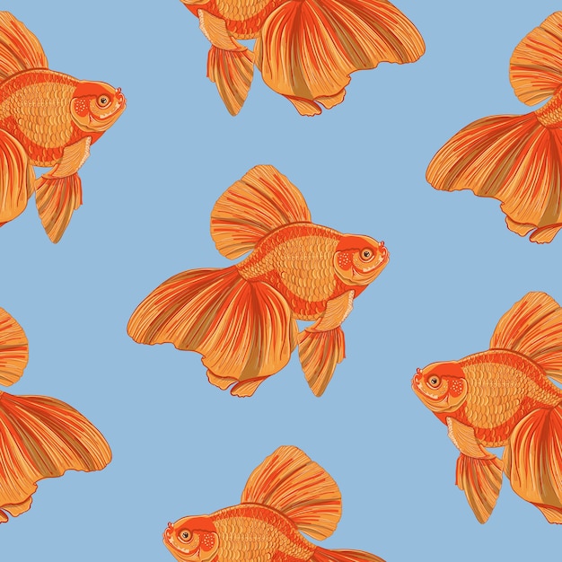 Ilustração digital de padrão sem emenda laranja detalhada de aquário de peixinho dourado em fundo azul alto