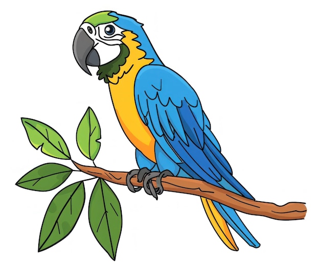 Ilustração digital de um arara azul vibrante empoleirado em um galho