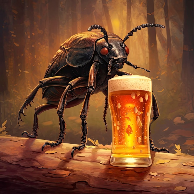 Ilustração digital de um besouro com um copo de cerveja na floresta