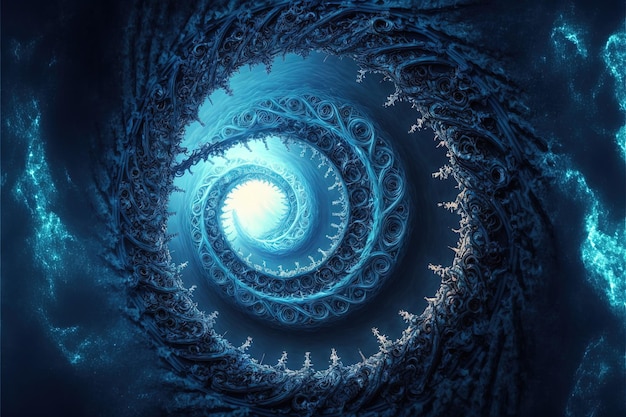 Ilustração digital de um portal espiral azul feito em formas incríveis. IA generativa