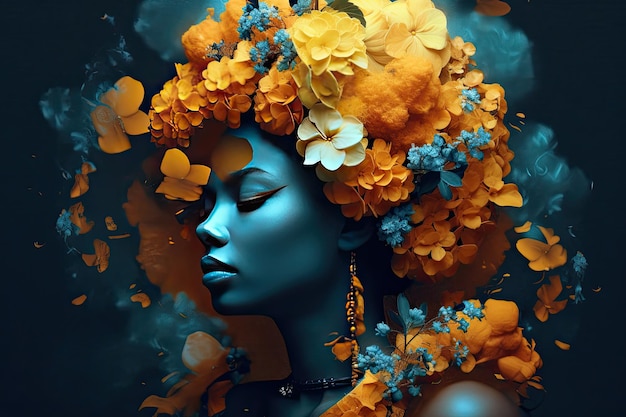 Ilustração digital de um retrato feminino de uma mulher afro-americana com flores coloridas Generative AI
