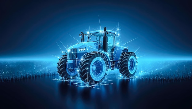 Ilustração digital de um tractor em luz azul contra um fundo azul com partículas brilhantes