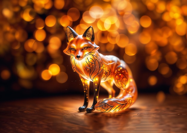 Ilustração digital de uma bonita estatueta de raposa laranja com luzes bokeh festivas