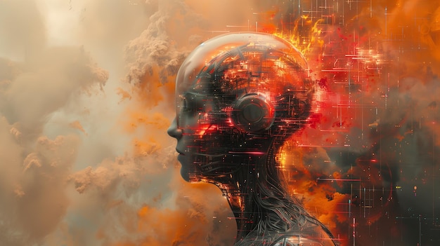Ilustração digital de uma cabeça de robô em fundo abstrato com fogo e fumaça