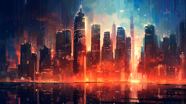Ilustração digital de uma cidade com arranha-céus Generative AI