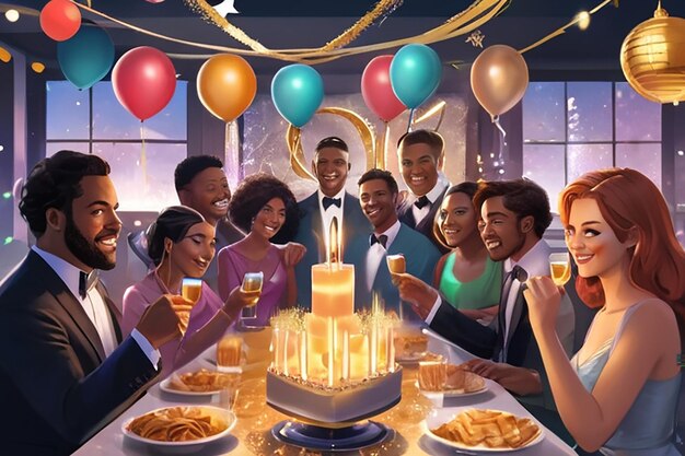 Ilustração digital de uma festa virtual de Ano Novo