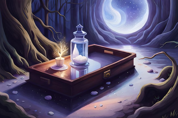 Ilustração digital de Uma garrafa de poção mágica numa floresta de fantasia escura