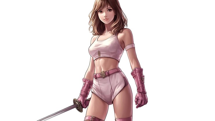 Foto ilustração digital de uma mulher com cabelos castanhos longos e uma roupa branca e rosa segurando uma espada