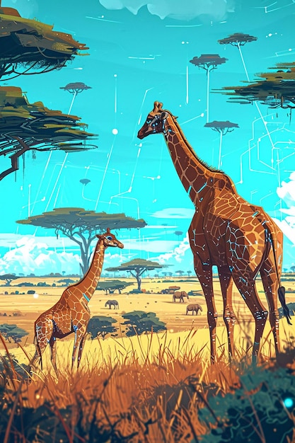 Ilustração digital de uma savana africana tecnologicamente avançada