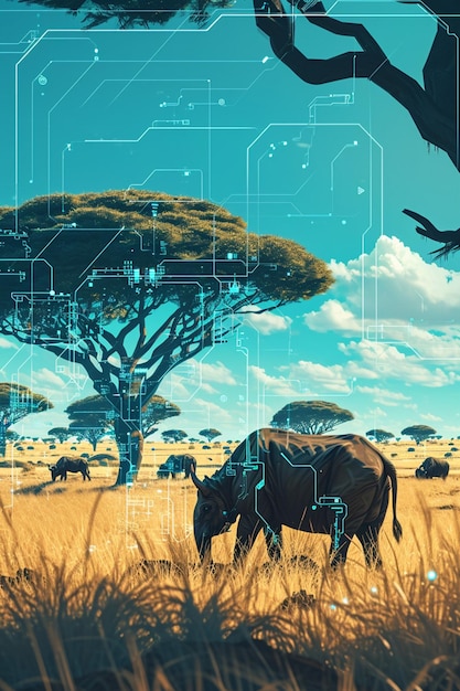 Ilustração digital de uma savana africana tecnologicamente avançada