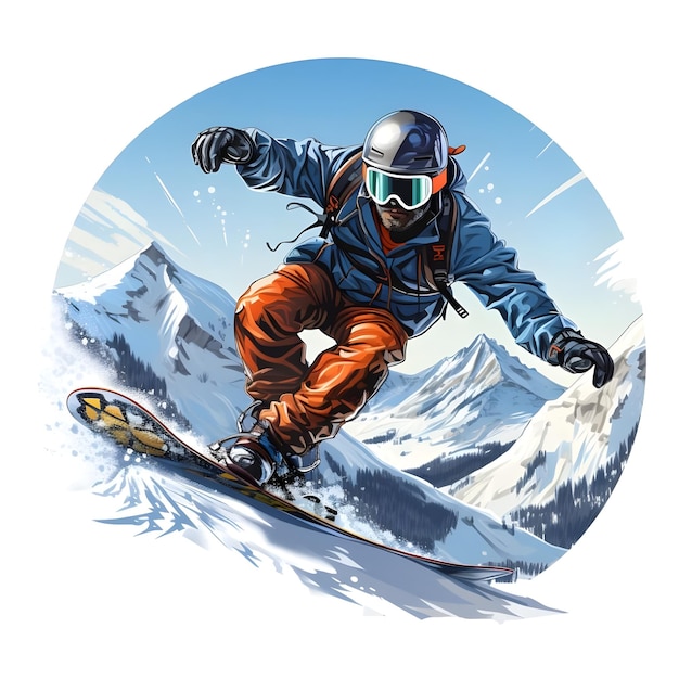 Ilustração digital desenhada à mão de snowboarder snowboarding em esportes de neve da temporada de inverno