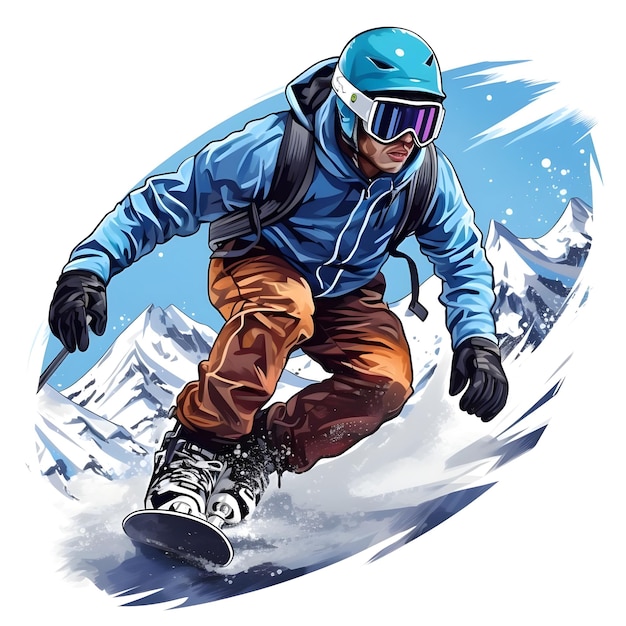 Ilustração digital desenhada à mão de snowboarder snowboarding em esportes de neve da temporada de inverno