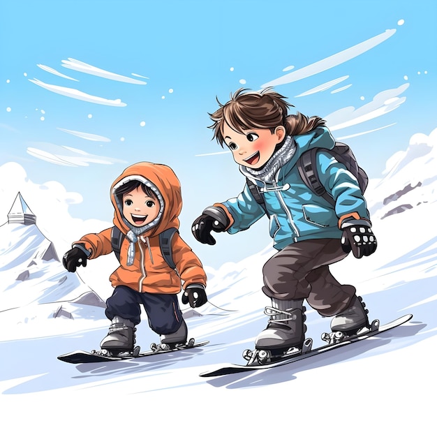 Foto ilustração digital desenhada à mão de snowboarder snowboarding em esportes de neve da temporada de inverno