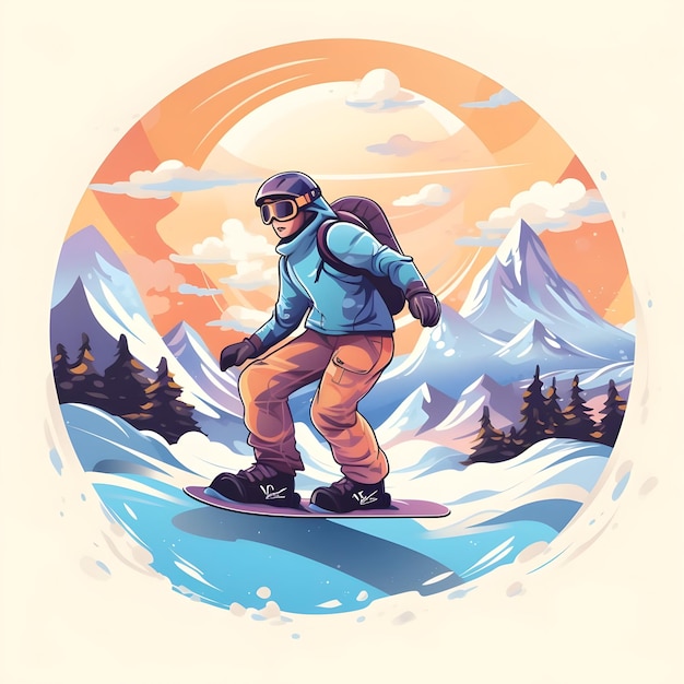 Ilustração digital desenhada à mão de snowboarder snowboarding em esportes de neve da temporada de inverno