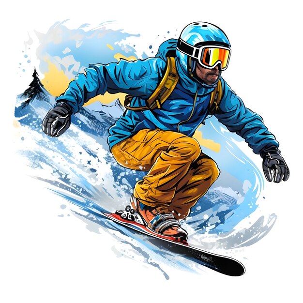 Ilustração digital desenhada à mão de snowboarder snowboarding em esportes de neve da temporada de inverno