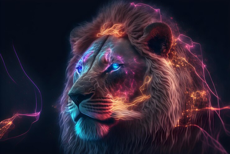 Ilustração digital do papel de parede da área de trabalho do leão na luz neon