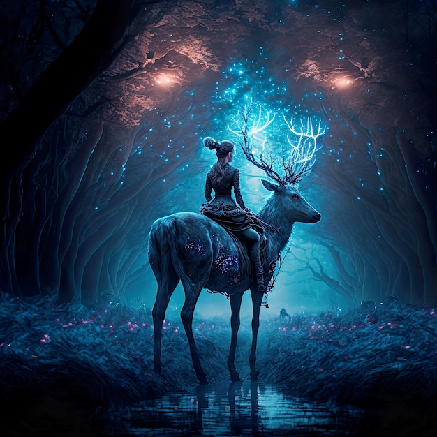 Ilustração digital, uma garota montando um cervo