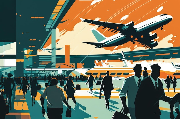 Ilustração dinâmica da corrida do aeroporto de aviões decolando e pousando em um terminal de aeroporto movimentado